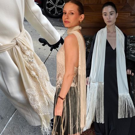 Photo collage of influencers and Who What Wear editors wearing fringe detail trend.