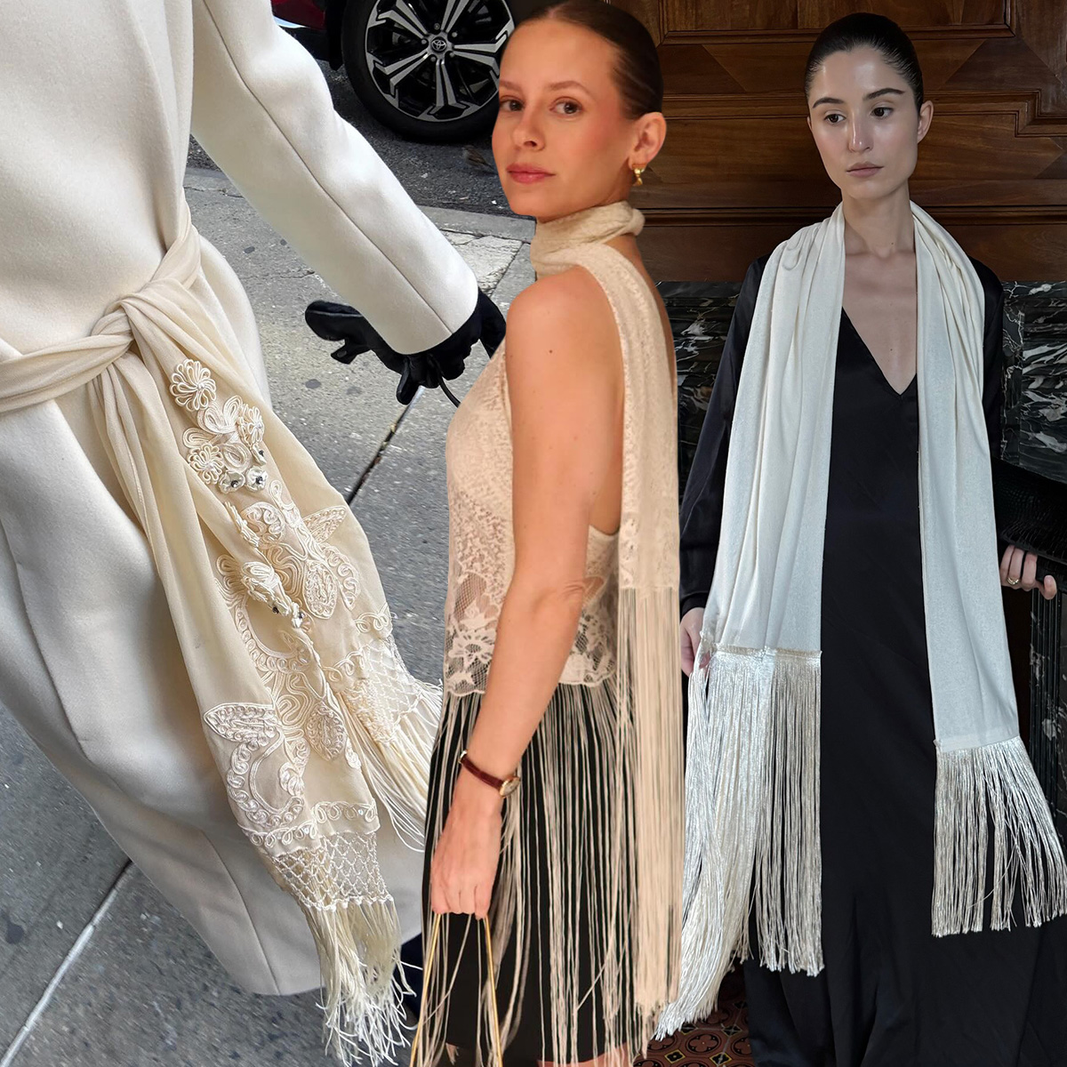 Photo collage of influencers and Who What Wear editors wearing fringe detail trend.