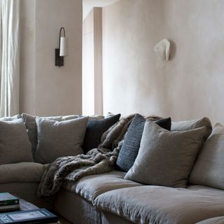 room with sofa and cushions