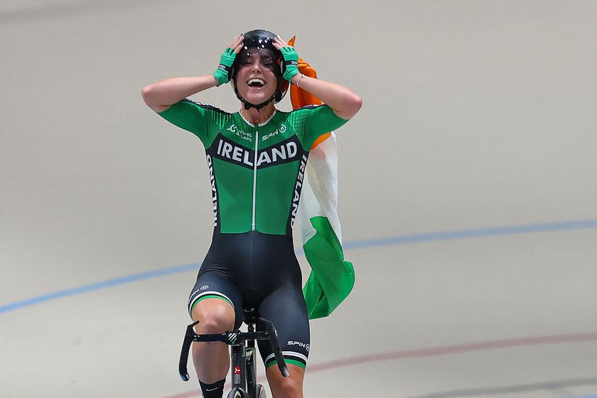 Lara Gillespie celebrates after winning the gold medal in the women&#039;s elimination race final event of the 2025 UCI Track World Championships