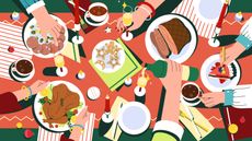 Illustrated hands sharing food over a Christmas table