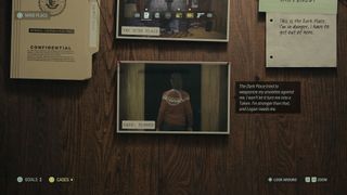 Alan Wake 2 Saga's case board showing a picture of her leaving the Mind Place