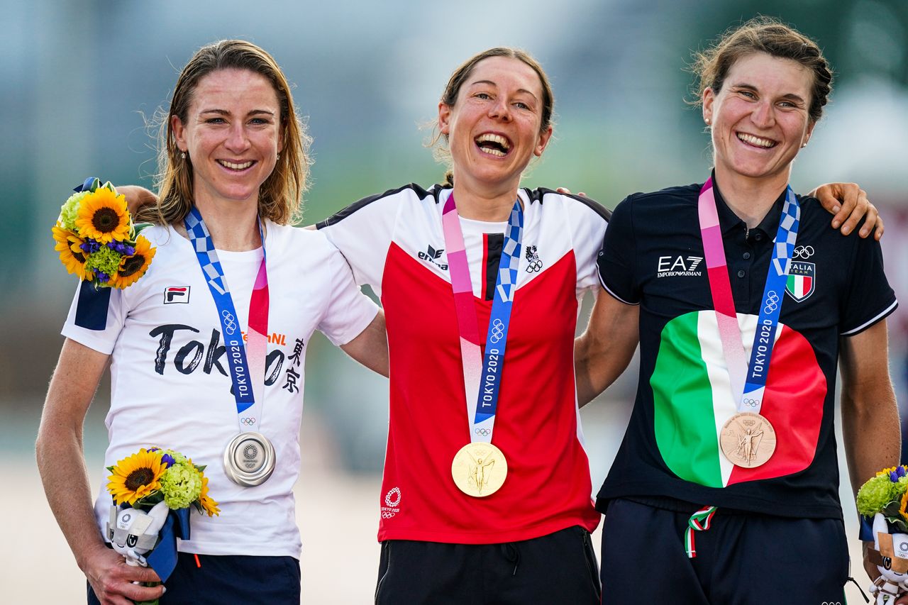 Tokyo Olympics Women&#039;s Road Race podium (L-R) Annemiek van Vleuten, Anna Kiesenhofer, Elisa Longo Borghini