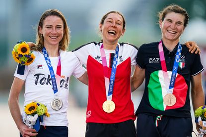 Tokyo Olympics Women&#039;s Road Race podium (L-R) Annemiek van Vleuten, Anna Kiesenhofer, Elisa Longo Borghini