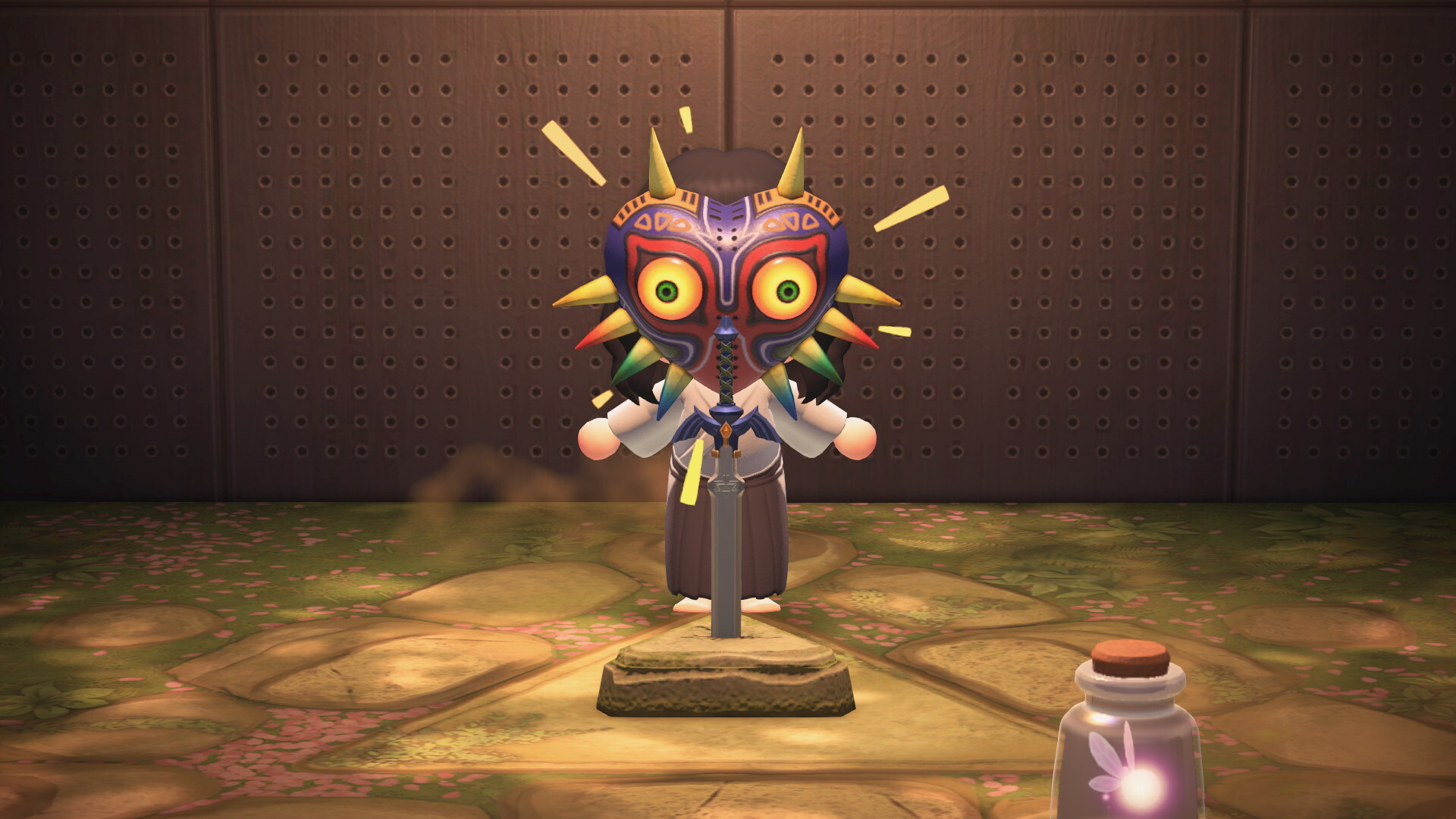 Animal Crossing New Horizons villager wearing majora's mask from Zelda and standing in front of the master sword