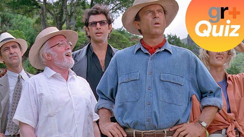 Characters from Jurassic Park looking into the distance, with the GamesRadar+Quiz logo in the top right corner