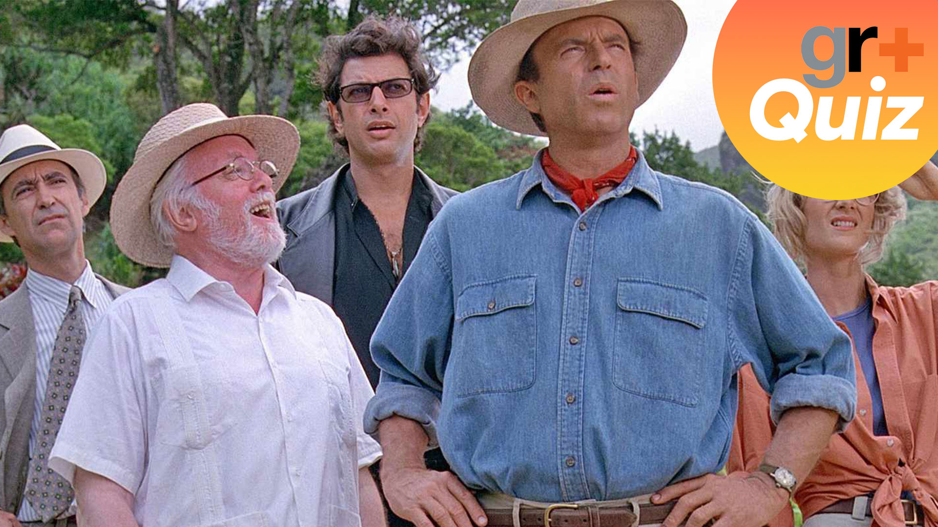 Characters from Jurassic Park looking into the distance, with the GamesRadar+Quiz logo in the top right corner