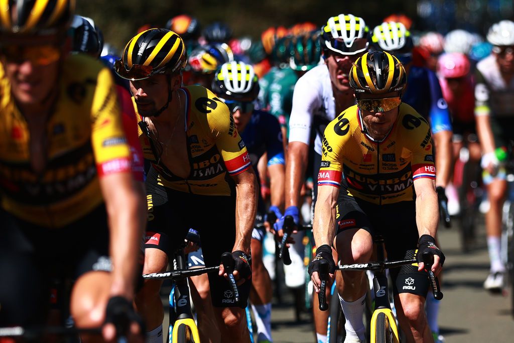 VILLARCAYO SPAIN AUGUST 17 LR Primo Roglic of Slovenia and Jan Tratnik of Slovenia and Team JumboVisma compete during the 45th Vuelta a Burgos 2023 Stage 3 a 183km stage from Sargentes de la Lora to Villarcayo on August 17 2023 in Villarcayo Spain Photo by Gonzalo Arroyo MorenoGetty Images