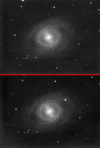 Skywatcher Parijat Singh imaged galaxy M95 on the evening of March 15, 2012, a day before SN2012aw appeared (top image). The following night, March 16, he again photographed M95, showing the new supernova (bottom image). He mentions that the streaks in both images are due to satellites.