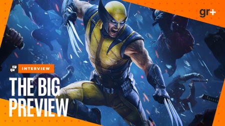 Wolverine fights red ninja in the streets, with the orange GamesRadar Big Preview frame