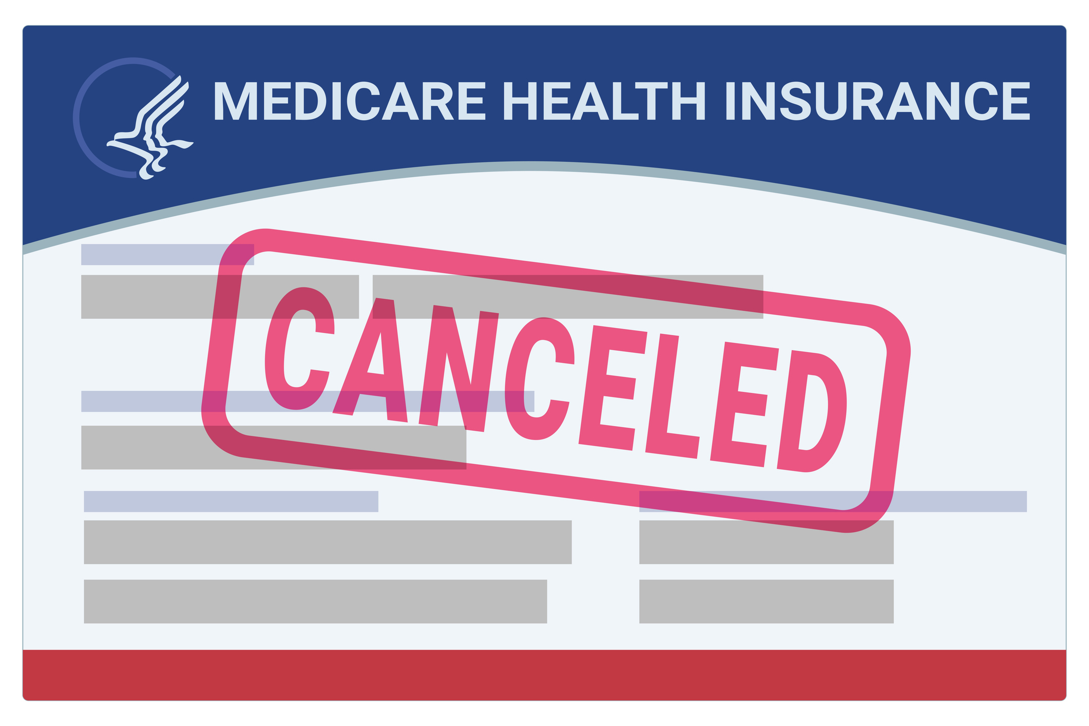 American health insurance card "Medicare" with a red stamp mark "CANCELED" in flat design style (cut out)