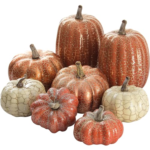 Artgar Pumpkin Decor, 8 Pcs Halloween Pumpkin, Metal Cracked Design Foam Pumpkins for Halloween Thanksgiving Fall Home Table Indoor Outdoor Decorations