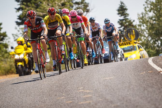 The chase group crests another hill on the way to the KOM on August 8, 2018 in Cedar City, Utah.