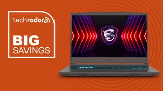 MSI Thin 15.6 inch Gaming Laptop on orange background with TechRadar big savings sign