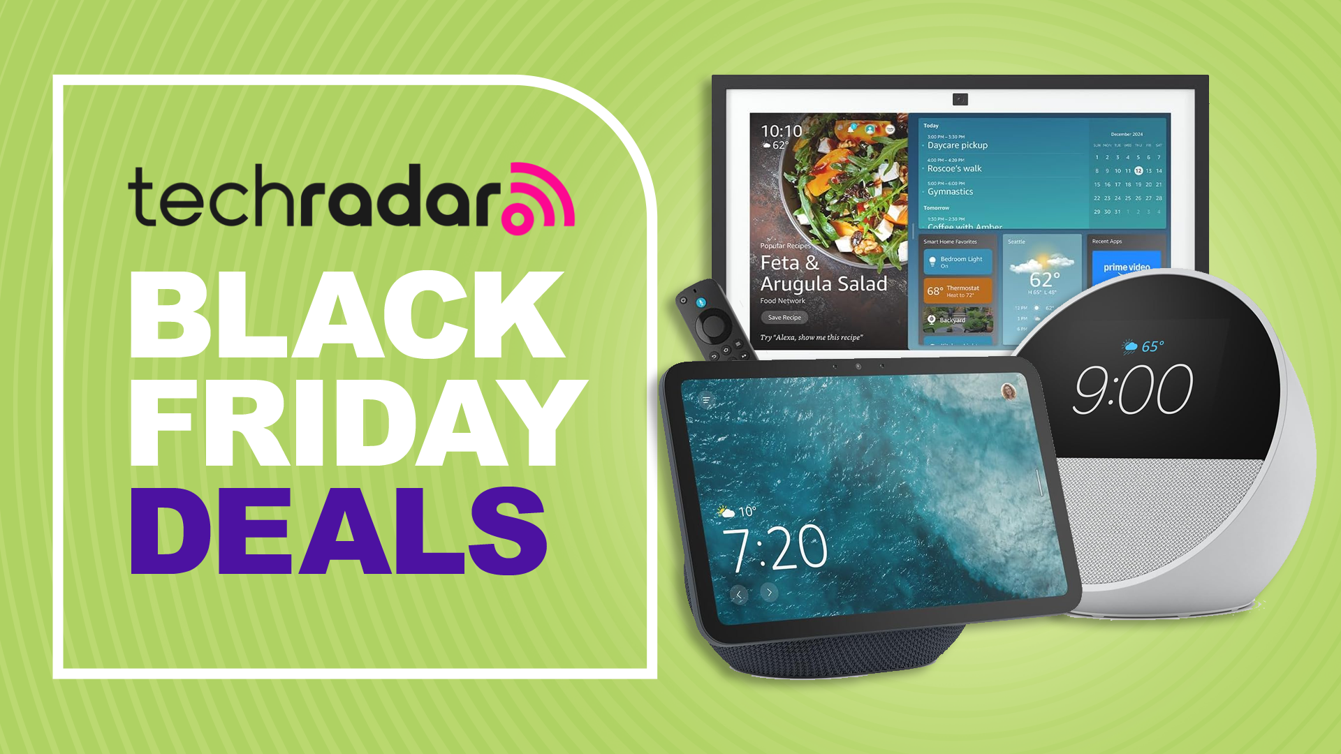Text reading &#039;TechRadar Black Friday deals&#039; next to three Amazon Echo devices; the Show 15, Show 8 and Spot. 