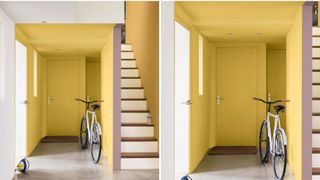 yellow hallway with stairs and a bicycle showing a bold paint color idea for hallways