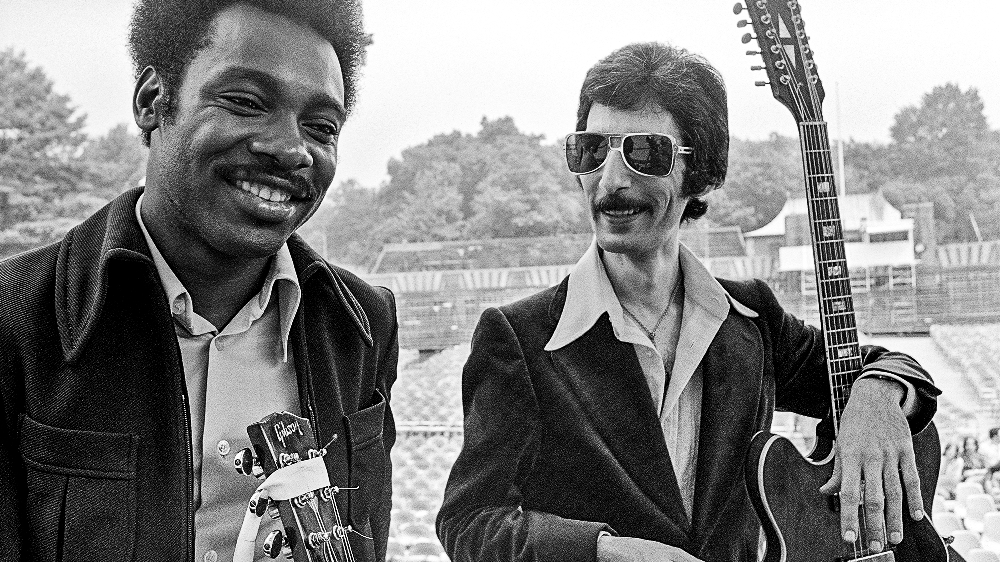 American jazz singer, songwriter and guitarist George Benson and Italian-American jazz guitarist and composer Pat Martino backstage at the Newport Jazz Festival in New York.