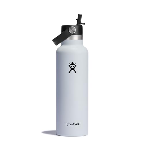 Hydro Flask - Garrafa de água 621 ml (21 onças) - Garrafa de água de aço inoxidável isolada a vácuo com tampa de palha flexível - Boca padrão - Branco