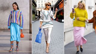 A composite of street style influencers showing how to style a slip skirt for work with a sweater