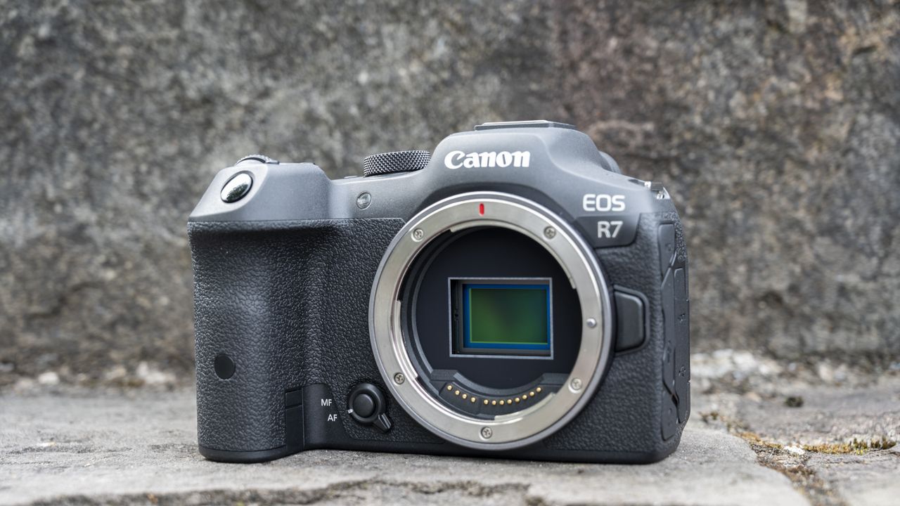 The Canon EOS R7 camera sitting on a stone step