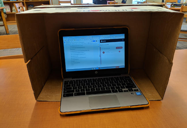 "Recording Studio" consisting of Chromebook in cardboard box