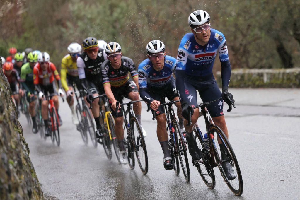 Soudal Quick-Step riders Louis Vervaeke and Ilan Van Wilder set the pace for their team leader Remco Evenepoel