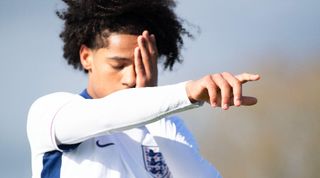 England Under-17 forward Baylee Dipepa, who is reportedly a transfer target for Manchester United, celebrates a goal against Hungary in March 2024.