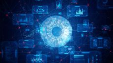 Data privacy concept image showing digitized human eyeball surrounded by data platforms and statistical interface panels.