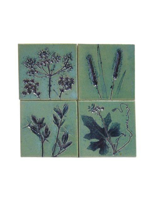 4 Handmade Ceramic Flower Tiles, 10x10 cm
