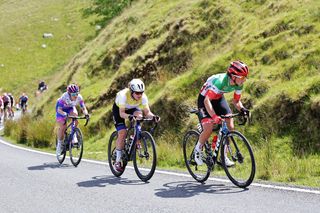 Picture by Alex Whitehead/SWpix.com - 10/06/2022 - Cycling - The Womenâ€™s Tour 2022 - Stage Five - Pembrey Country Park to The Black Mountain, Wales - Elisa Longo Borghini of Team Trek Segafredo with Grace Brown of Team FDJ Nouvelle Aquitaine Futuroscope and Kirsten Faulkner of Team Bike Exchange Jayco on her wheel