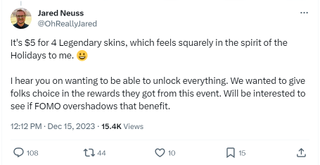 Overwatch 2 developer Jared Neuss post on X about Winter Fair event