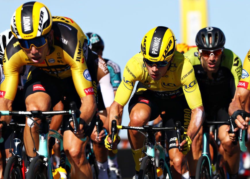 SAINT-MARTIN-DE-RE, FRANCE - SEPTEMBER 08: Wout Van Aert of Belgium and Team Jumbo - Visma / Primoz Roglic of Slovenia and Team Jumbo - Visma Yellow Leader Jersey / Tony Martin of Germany and Team Jumbo - Visma / during the 107th Tour de France 2020, Stage 10 a 168,5km stage from ile d&#039;Oleron - Le Chateau d&#039;Oleron to ile de Re - Saint Martin de Re / #TDF2020 / @LeTour / on September 08, 2020 in Saint Martin de Re, France. (Photo by Michael Steele/Getty Images)