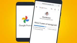 Google Photos interface displayed on two phones on a yellow background