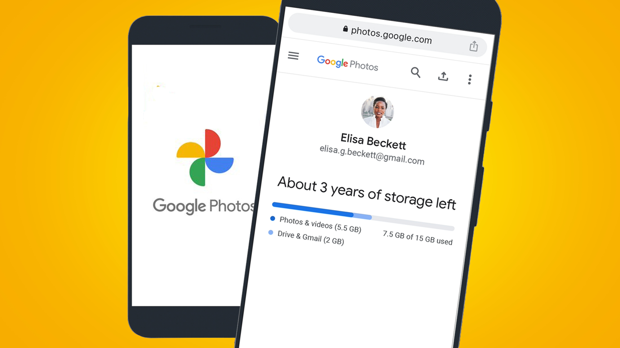 Google Photos interface displayed on two phones on a yellow background
