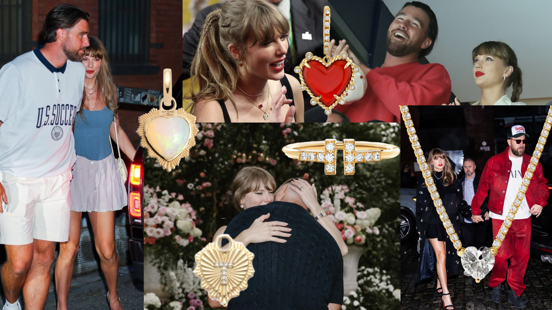 a collage of Taylor Swift and Travis Kelce with sentimental jewelry