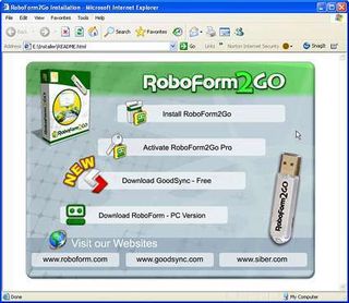 The RoboForm2Go installation window opens. The correct choice here is Install RoboForm2Go. RoboForm2Go Pro has broader licensing options and greater data storage capabilities. GoodSync syncs files between two computers. RoboForm PC Version is the original