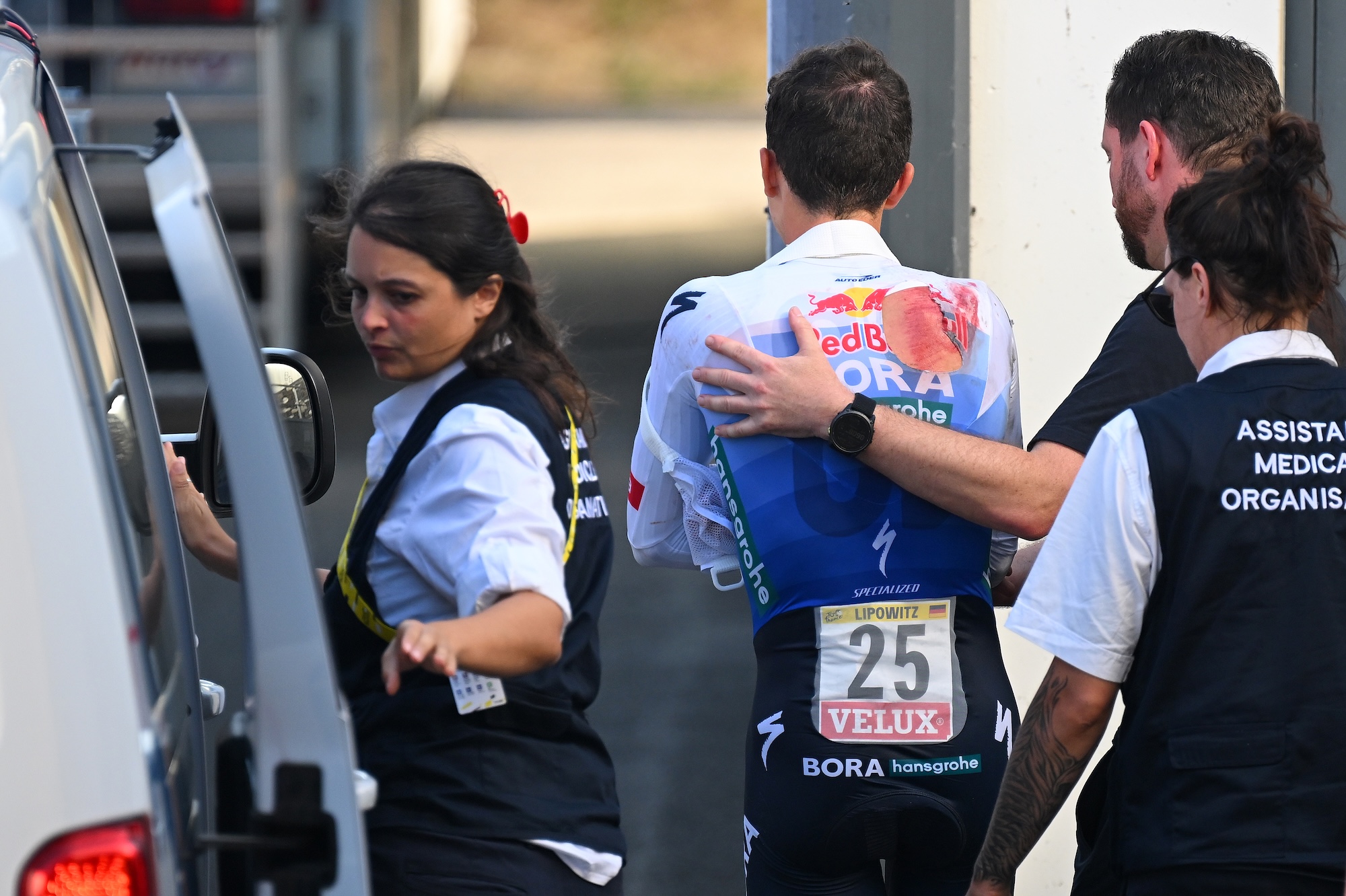 Florian Lipowitz of Red Bull - BORA - hansgrohe shows signs of his crash after stage 16
