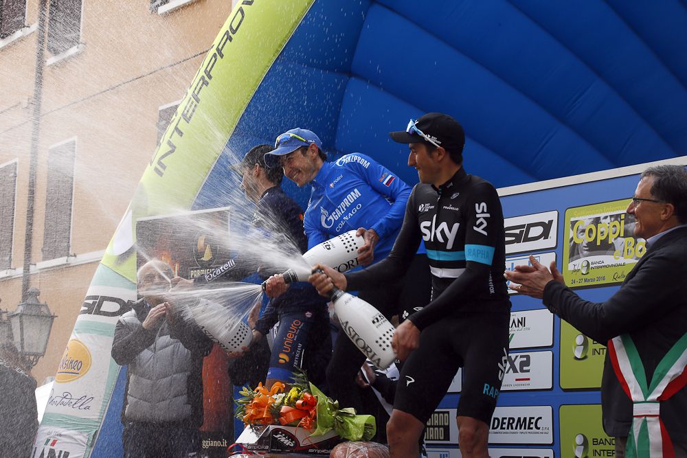 Sergey Firsanov (Gazprom-Rusvelo) on the stage 2 podium at Coppi e Bartali with Mauro Finetto (Unieuro Wilier) and Gianni Moscon (Team Sky)