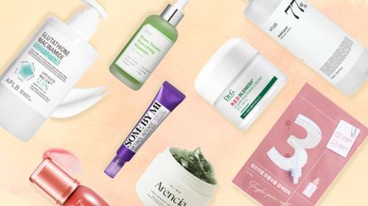 a peach backdrop with images of several korean skincare products such as some by mii, arencia, 3 sheet mask, Dr G cream