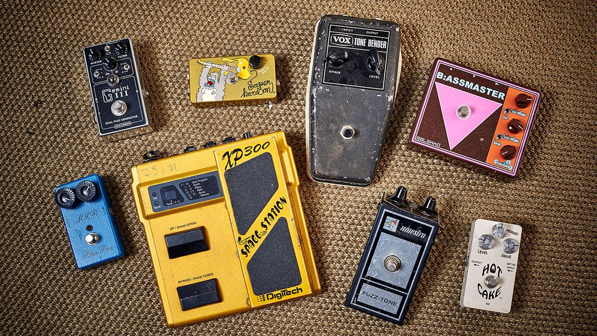 Clockwise from top left: Spaceman Gemini III, Z.Vex Super Hard On, Vox Tone Bender, Malekko B:assmaster, Crowther Audio Hot Cake, Maestro Fuzz- Tone, DigiTech XP300 Space Station, MXR Blue Box