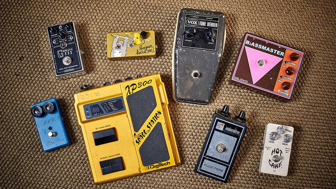 Clockwise from top left: Spaceman Gemini III, Z.Vex Super Hard On, Vox Tone Bender, Malekko B:assmaster, Crowther Audio Hot Cake, Maestro Fuzz- Tone, DigiTech XP300 Space Station, MXR Blue Box