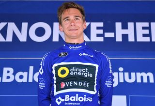 Bryan Coquard in the blue jersey after stage 1 at the Belgium Tour