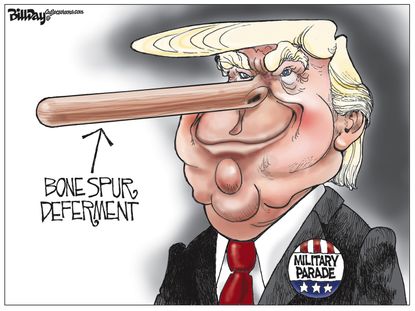 Political cartoon U.S. Trump military parade draft bone spurs