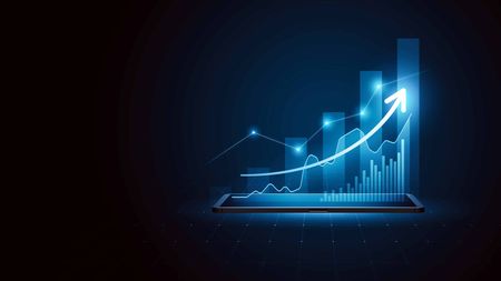 virtual tablet with blue background showing financial graph above and arrow pointing up