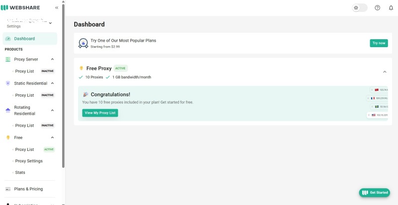 Webshare dashboard