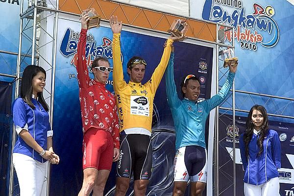 The jersey leaders (l-r): Peter McDonald (King of the Mountains), Michael Matthews (Tour leader), and Anuar Manan (Sprint Points leader).