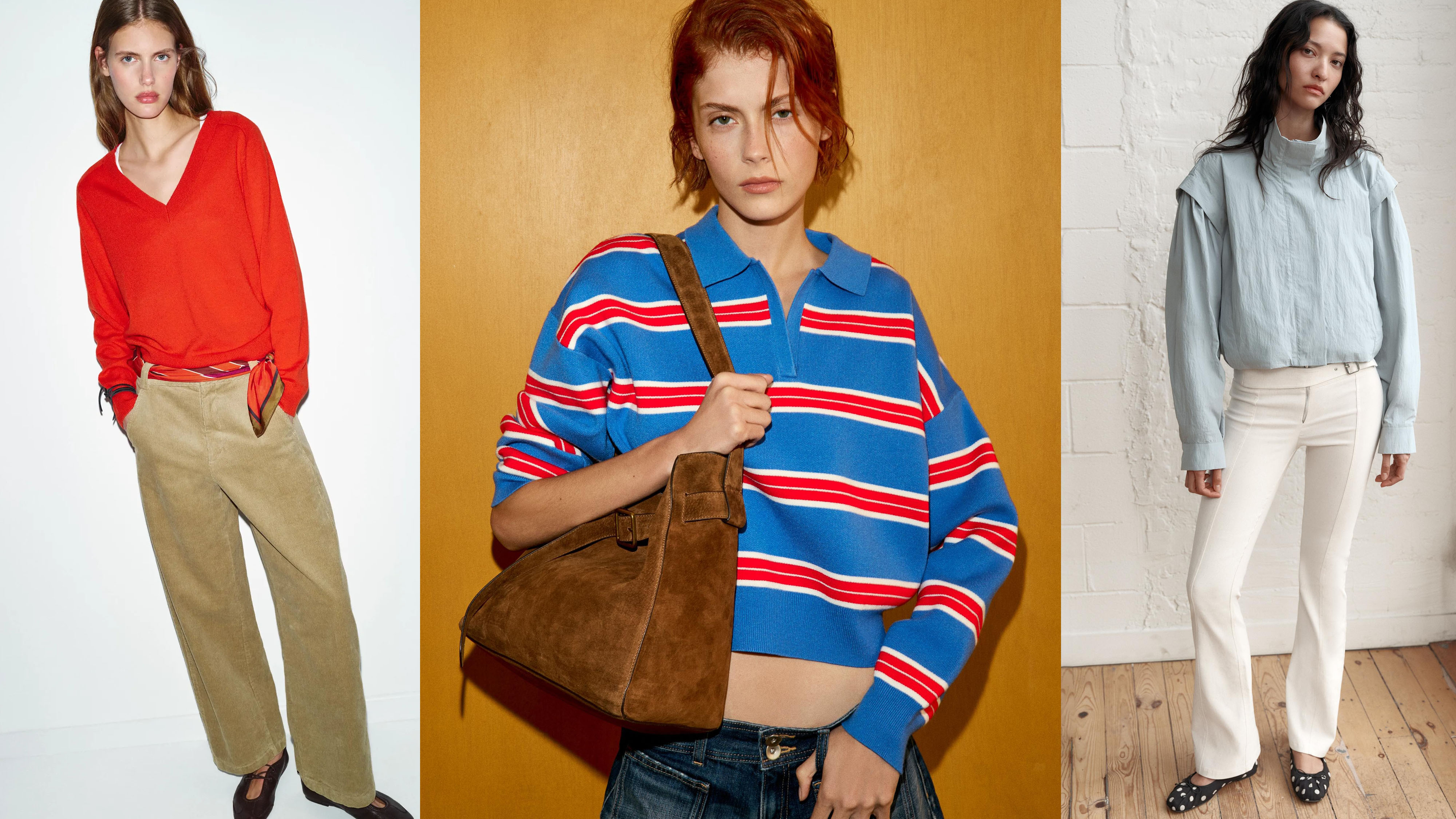 Models wearing various blue and colored outfits