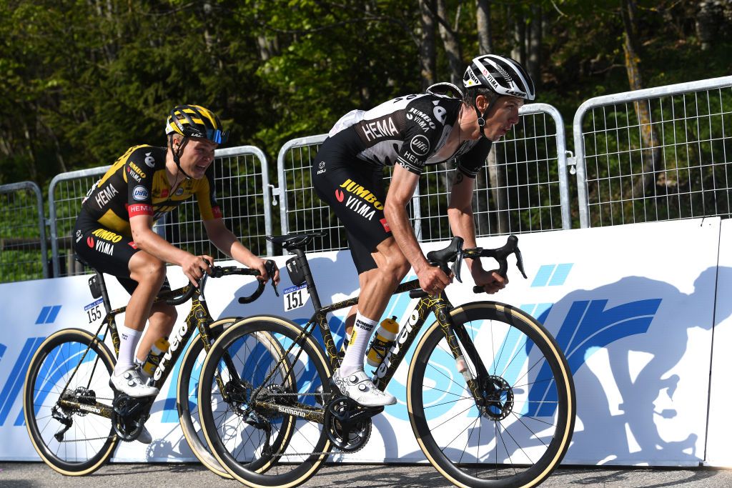 SEGA DI ALA ITALY MAY 26 Tobias Foss of Norway and Team Jumbo Visma George Bennett of New Zealand and Team Jumbo Visma at arrival during the 104th Giro dItalia 2021 Stage 17 a 193km stage from Canazei to Sega di Ala 1246m UCIworldtour girodiitalia Giro on May 26 2021 in Sega di Ala Italy Photo by Tim de WaeleGetty Images