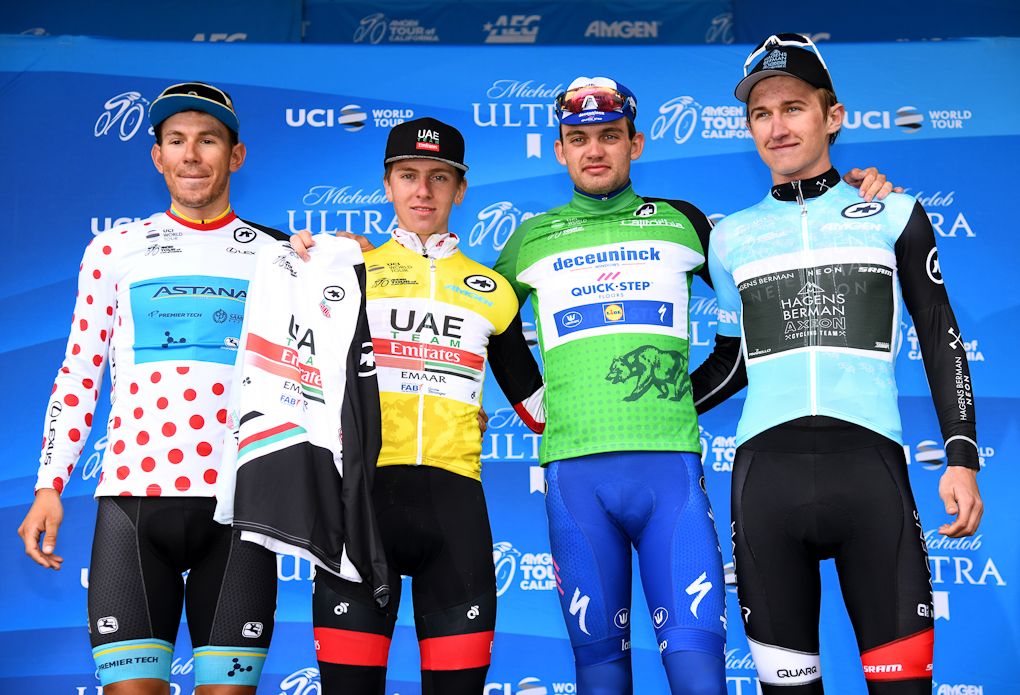 Mikkel Bjerg in the blue Amgen Breakaway from Cancer Most Courageous jersey on the stage 6 podium in California