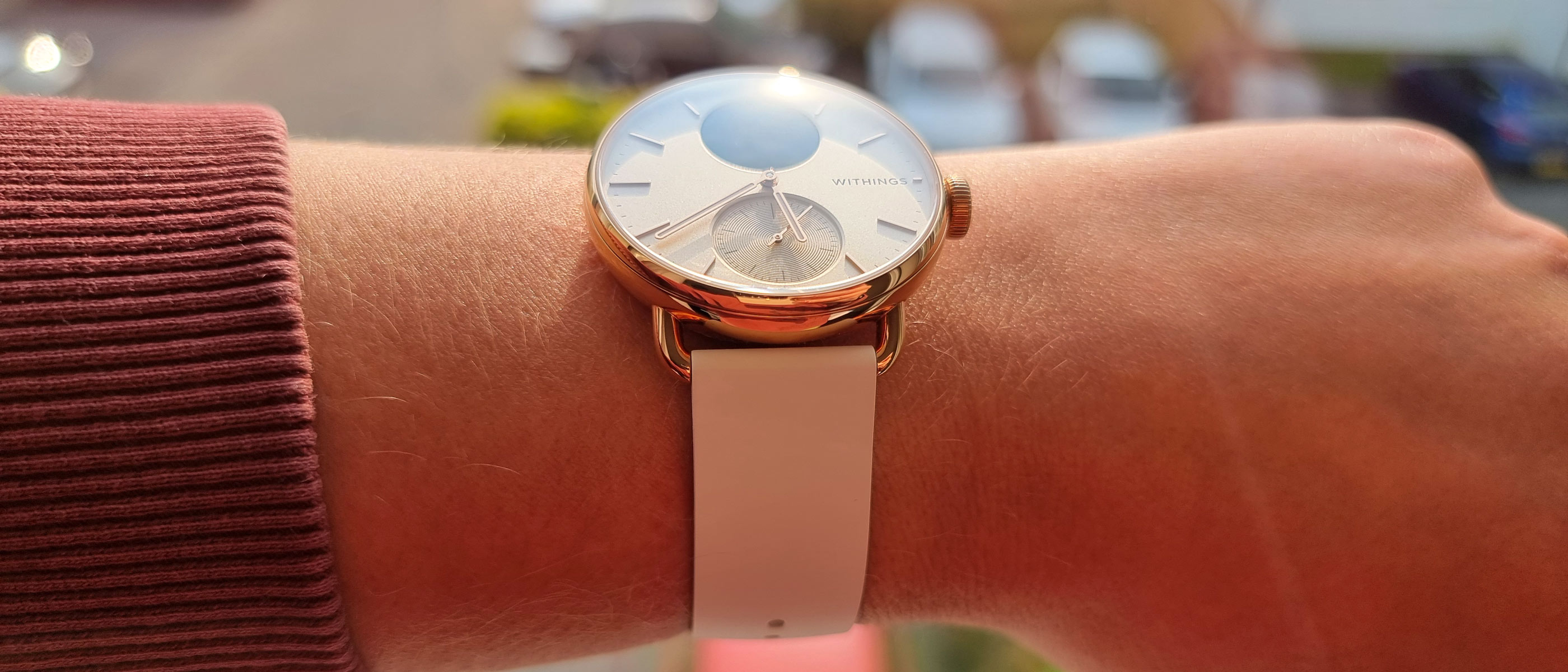 a close-up picture of our reviewer wearing the Withings ScanWatch 2